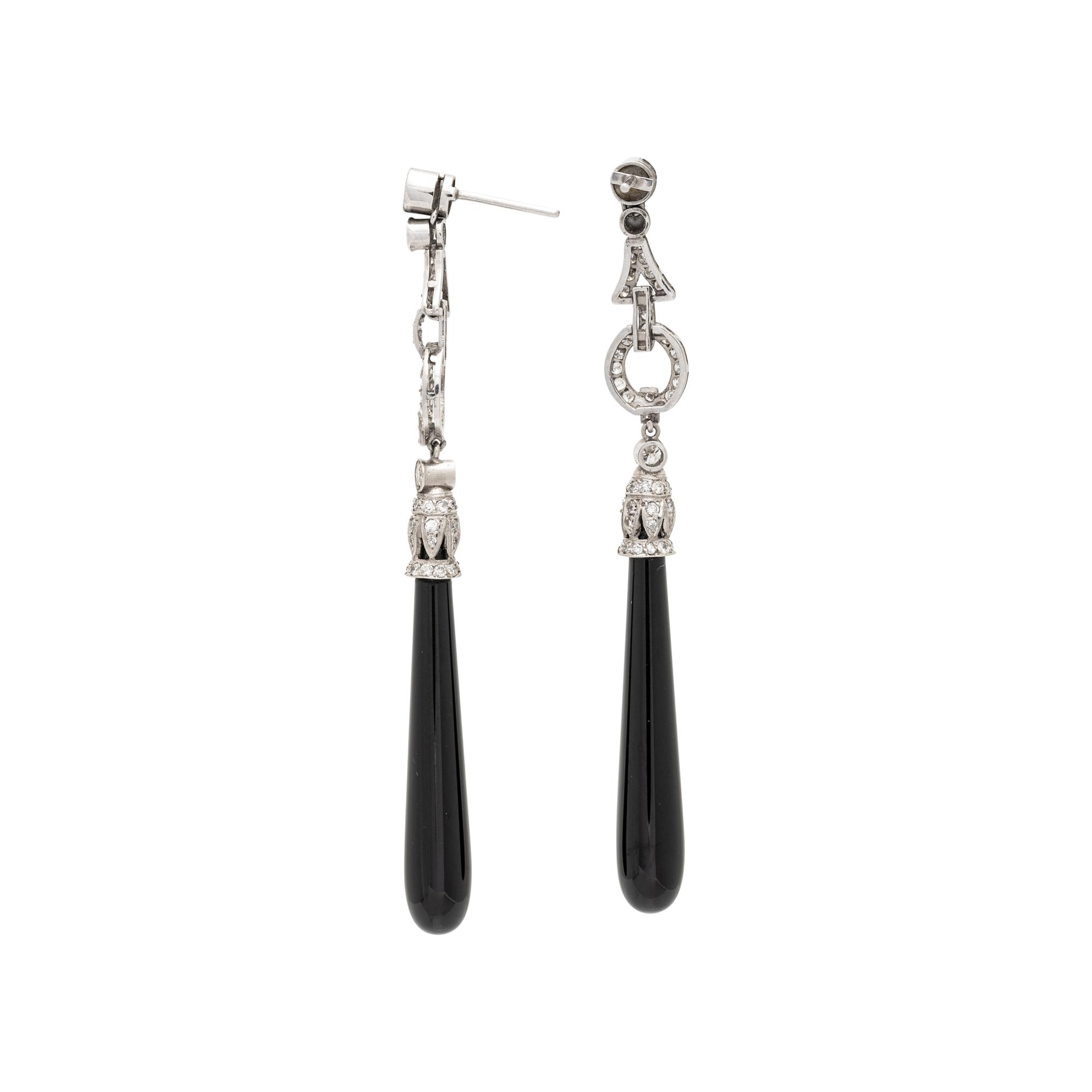 PLATINUM, DIAMOND, AND BLACK OYNX DANGLE EARRINGS