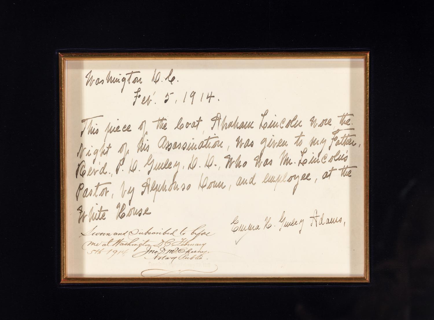 [LINCOLN ASSASSINATION]. A piece of President Abraham Lincoln's coat worn on the night of his assassination at Ford's Theatre, 14 April 1865.