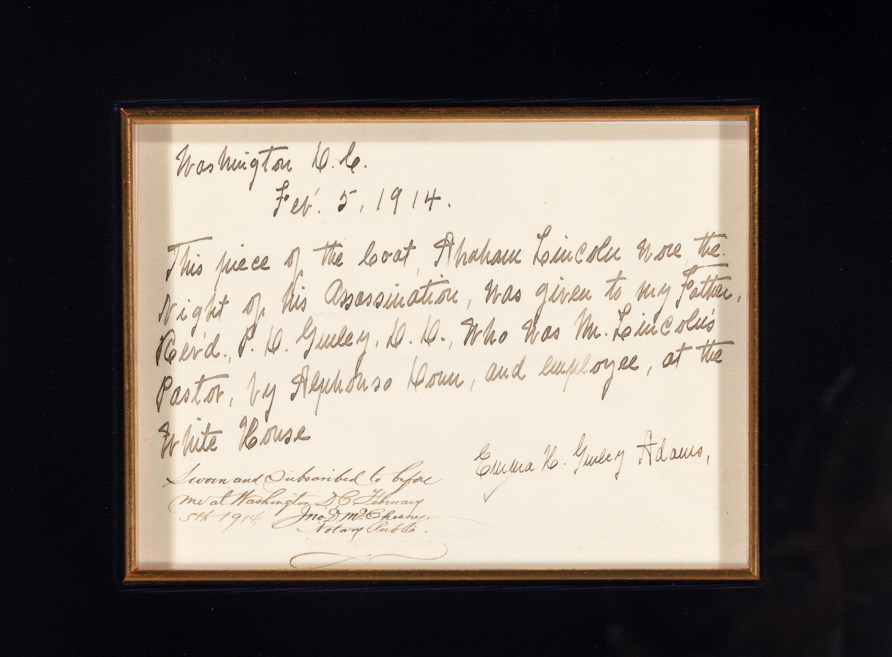 [LINCOLN ASSASSINATION]. A piece of President Abraham Lincoln's coat worn on the night of his assassination at Ford's Theatre, 14 April 1865.