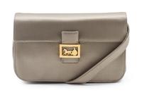 A Celine Taupe Satin Clutch, 7 1/2 x 4 x 2 inches.