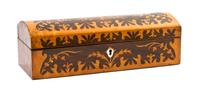 A Continental Marquetry and Mother-of-Pearl Inlaid Table Casket, Width 9 7/8 inches.