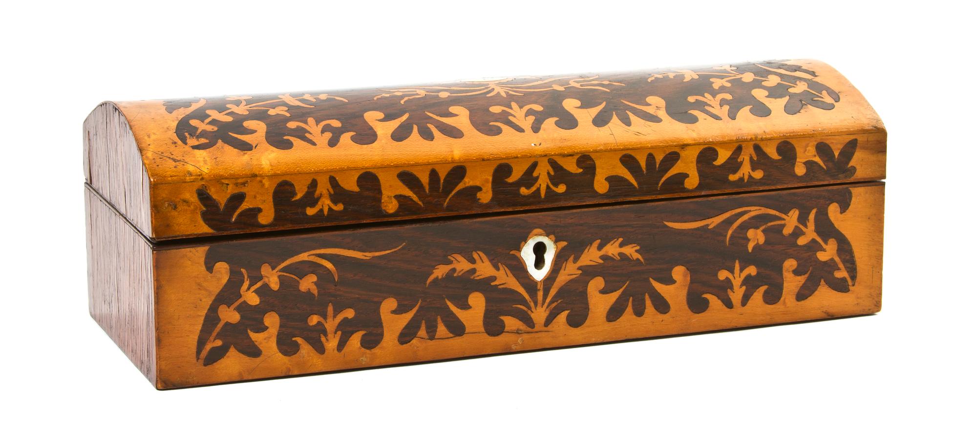 A Continental Marquetry and Mother-of-Pearl Inlaid Table Casket, Width 9 7/8 inches.