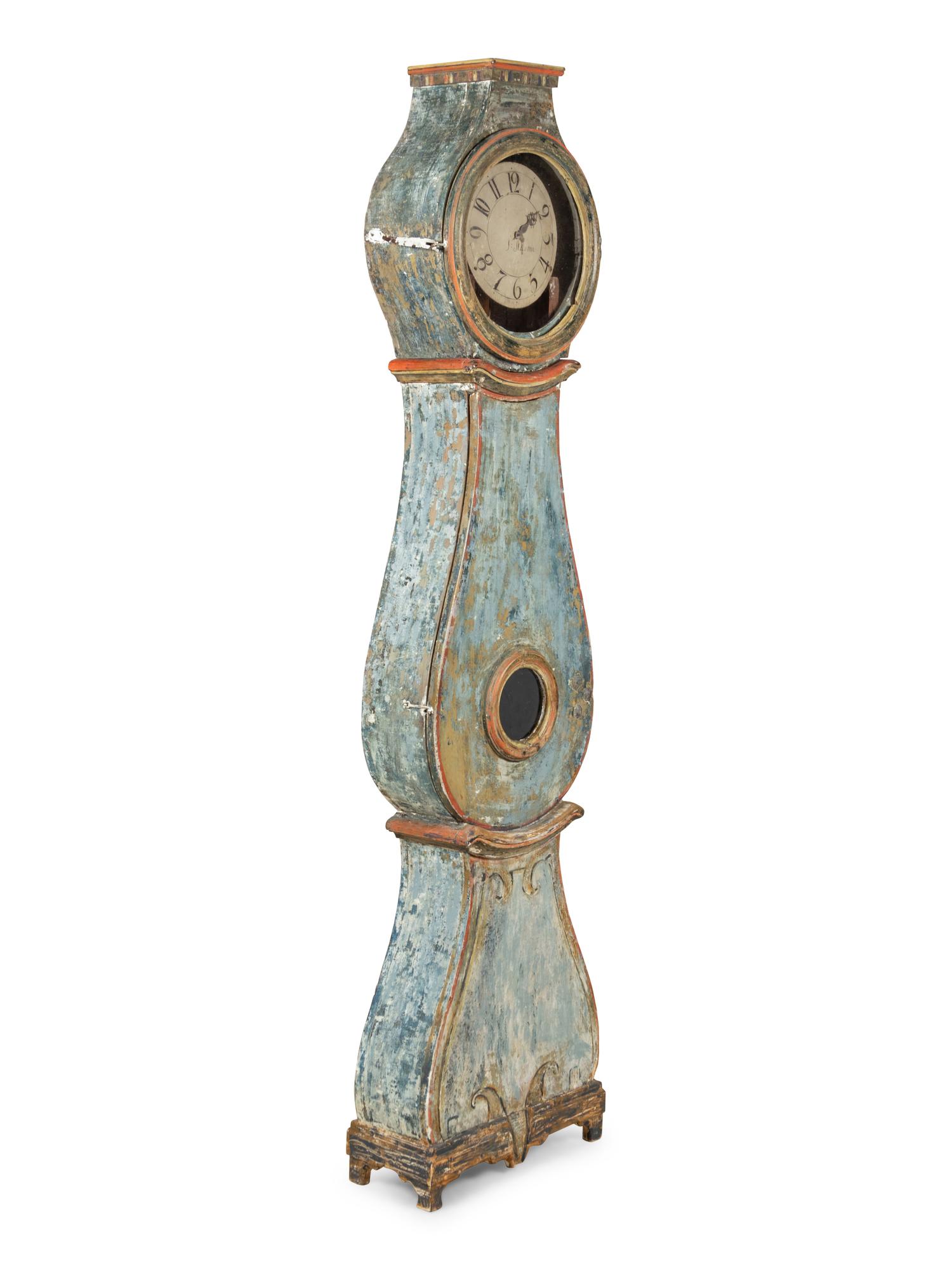 A Gustavian Blue-Painted Morbier-Form Clock