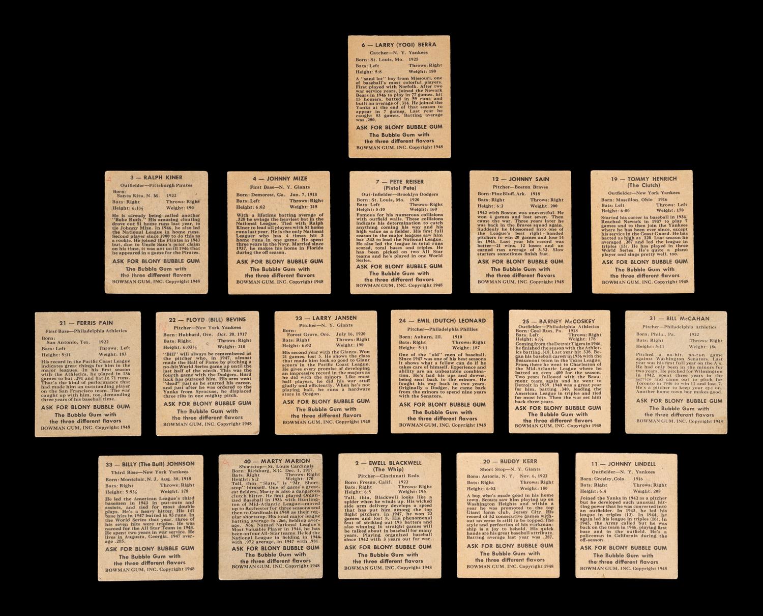 A Group of 16 1948 Bowman Baseball Cards (Including Yogi Berra and Ralph Kiner Rookies),