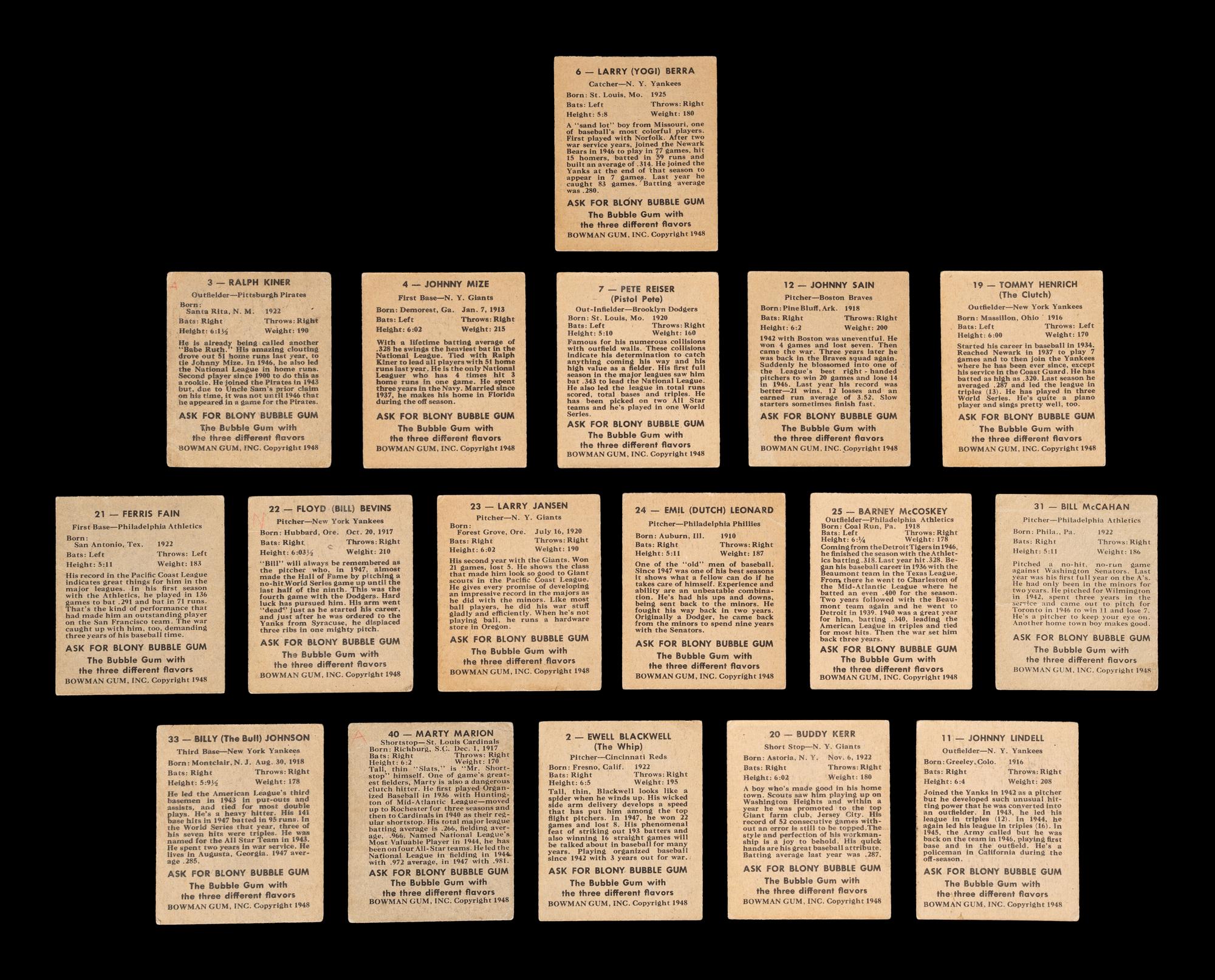 A Group of 16 1948 Bowman Baseball Cards (Including Yogi Berra and Ralph Kiner Rookies),