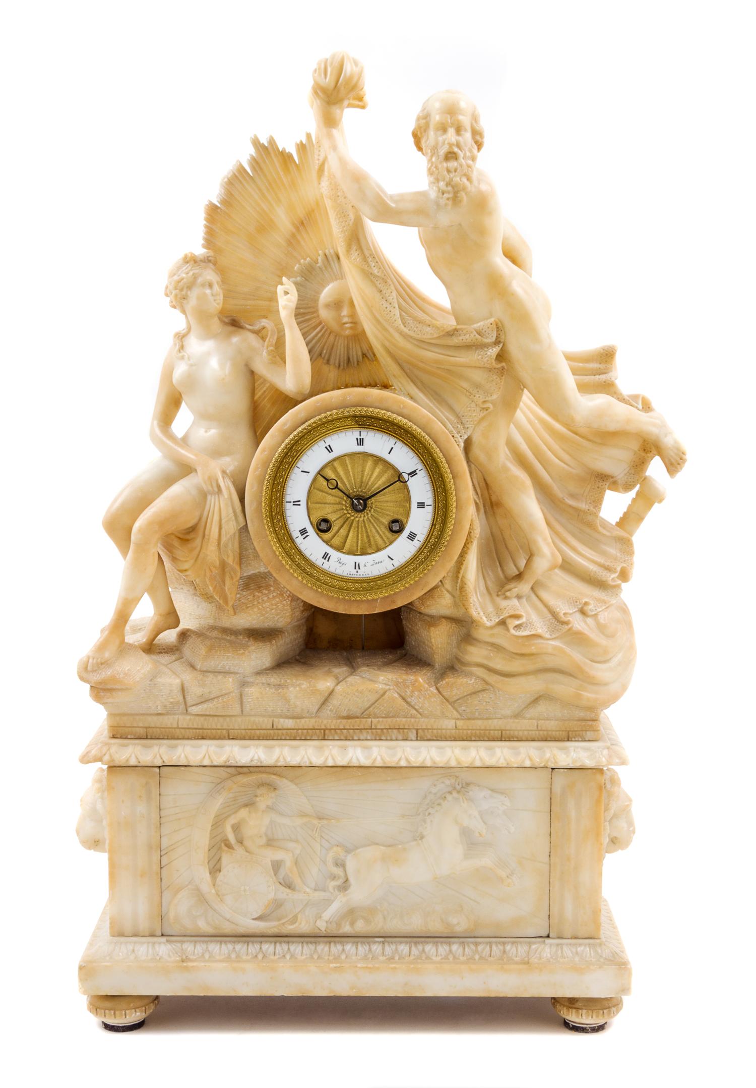 A French Alabaster Mantel Clock Height 22 1/4 inches. — SECOND HALF 19TH CENTURY