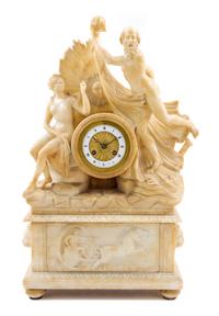 A French Alabaster Mantel Clock Height 22 1/4 inches. — SECOND HALF 19TH CENTURY