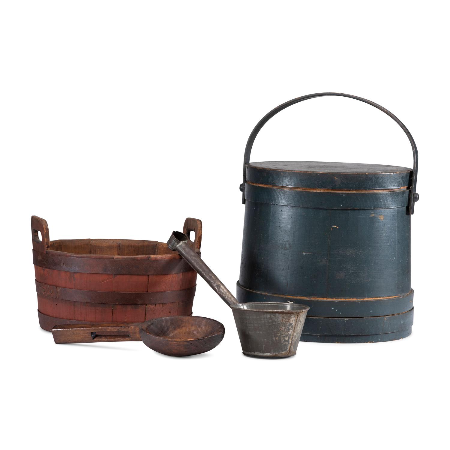 A Painted Wood Wash Tub, a Painted Stave and Bentwood Firkin, and Two Ladles