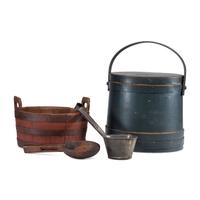 A Painted Wood Wash Tub, a Painted Stave and Bentwood Firkin, and Two Ladles