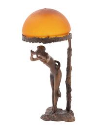 A Continental Bronze and Colored Glass Figural Lamp