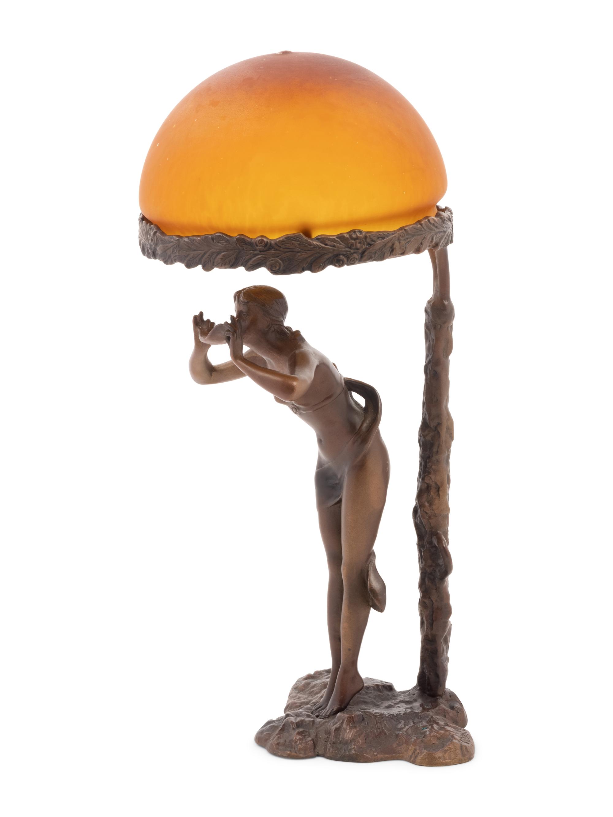 A Continental Bronze and Colored Glass Figural Lamp