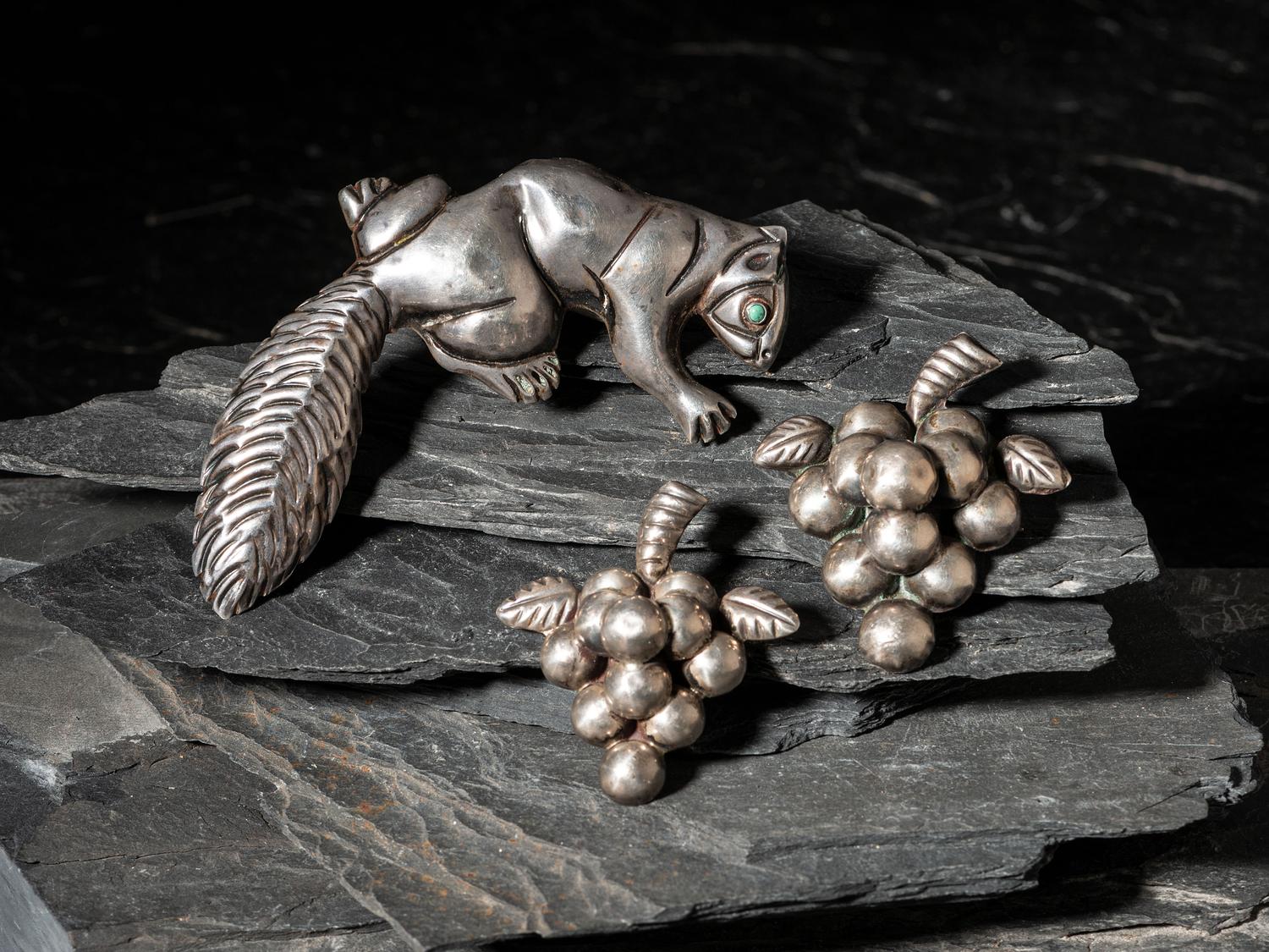 Taxco Sterling Silver Squirrel and Grape Cluster Pins / Brooches