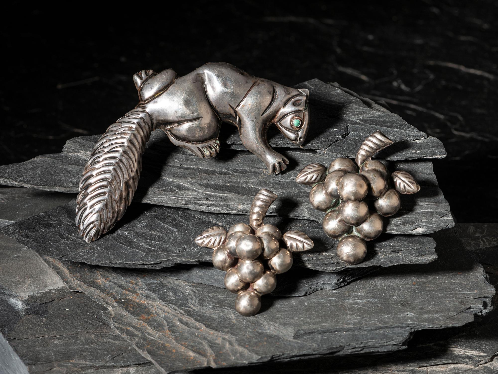Taxco Sterling Silver Squirrel and Grape Cluster Pins / Brooches