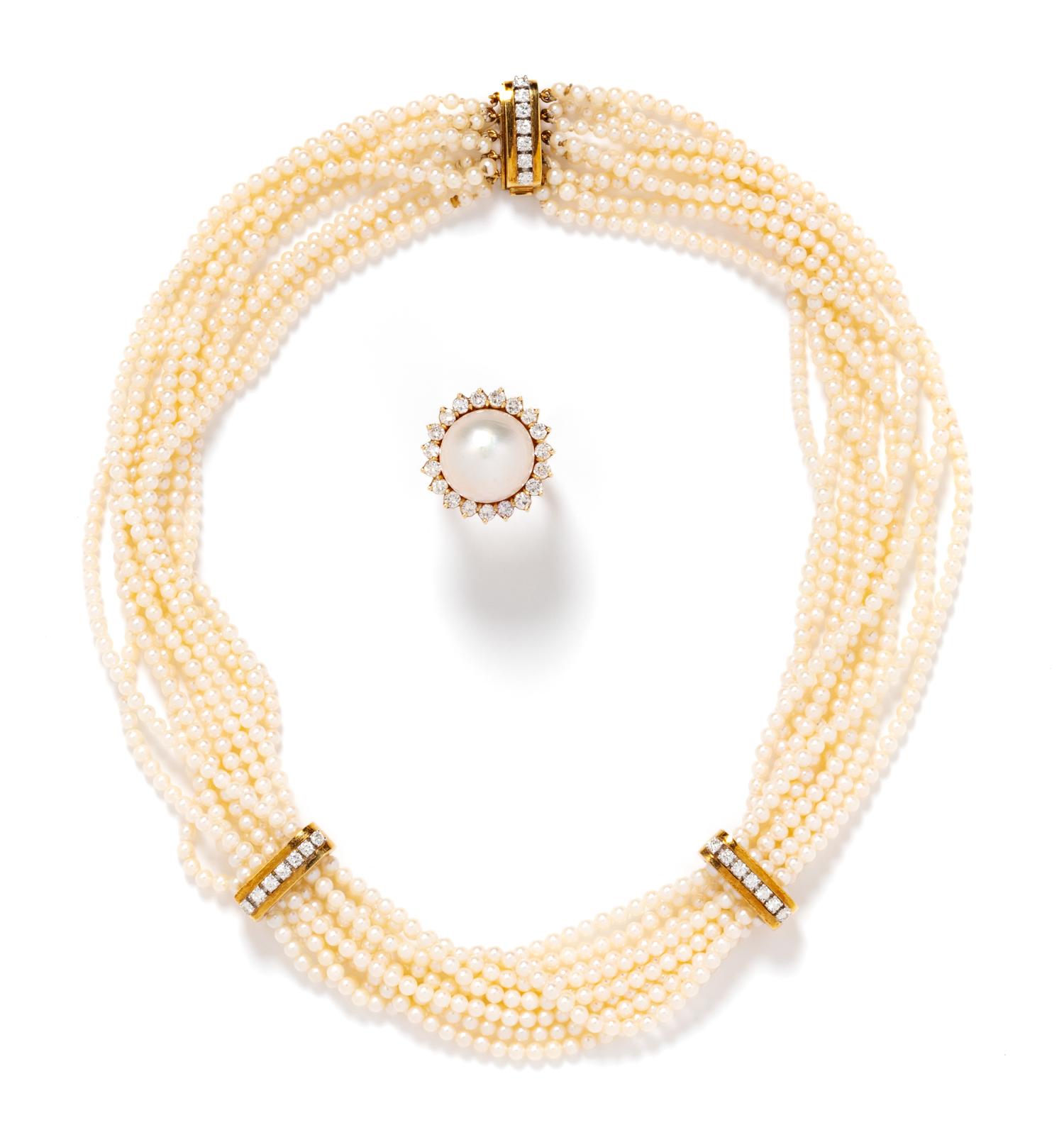 A Collection of Yellow Gold, Cultured Pearl and Diamond Jewelry,