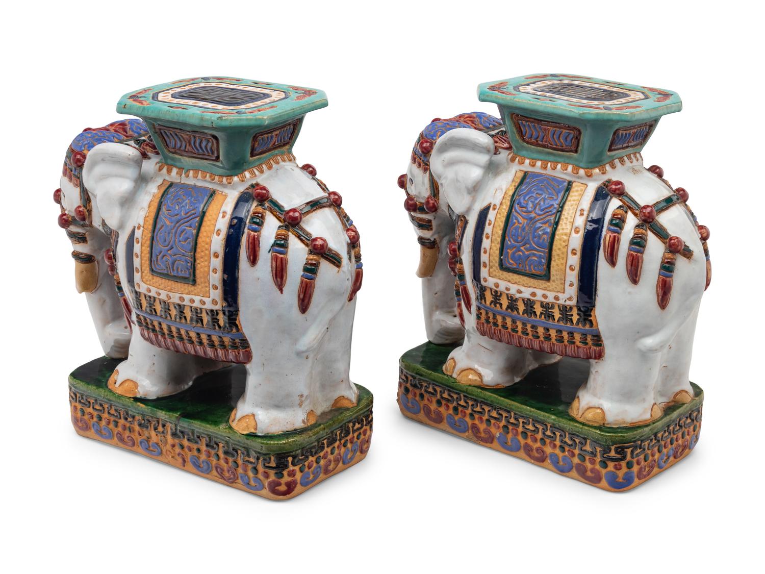 A Pair of Polychrome Glazed Terracotta Elephant-Form Garden Stools