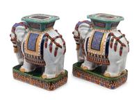 A Pair of Polychrome Glazed Terracotta Elephant-Form Garden Stools
