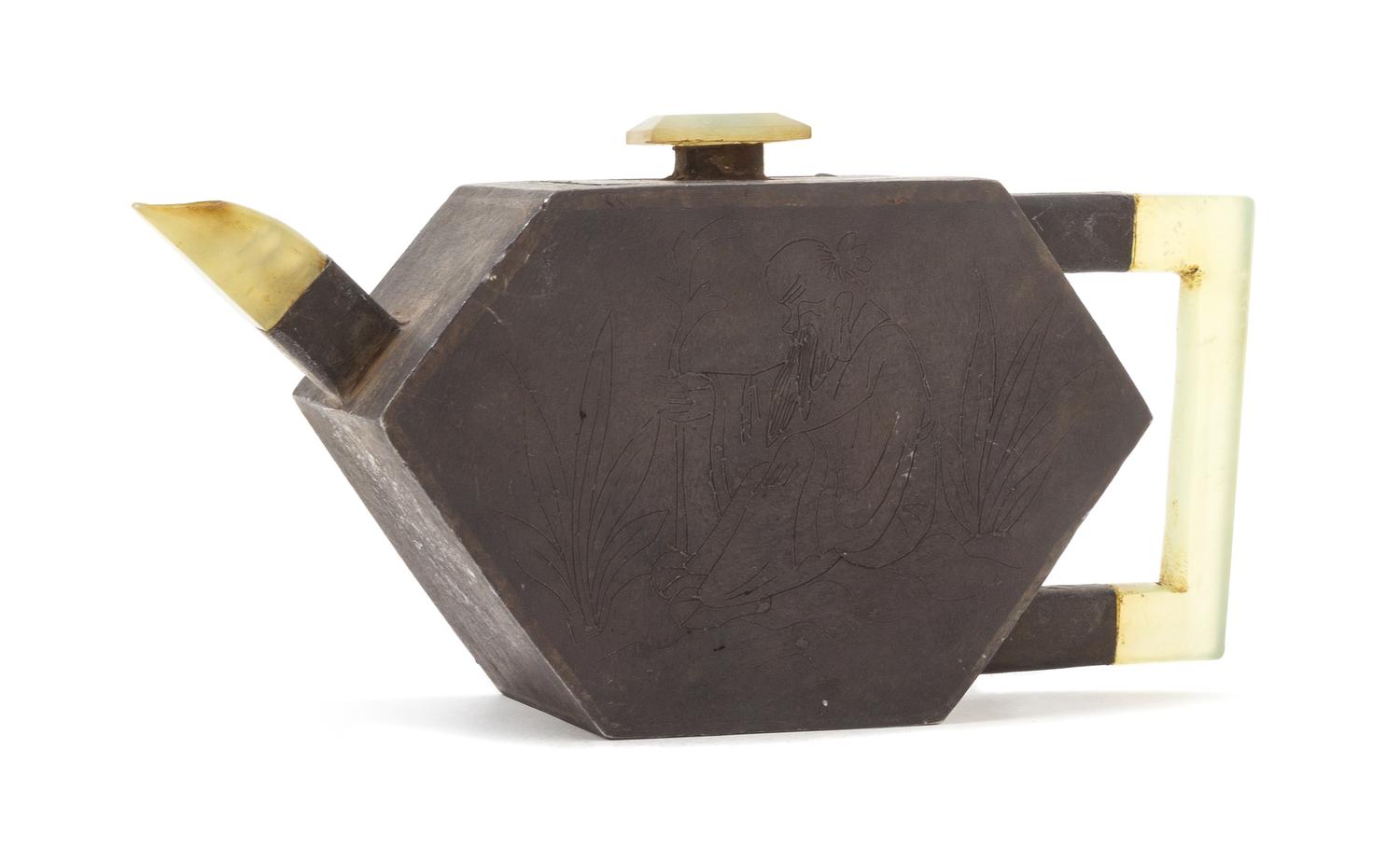 A Pewter Encased Yixing Teapot Height 3 1/4 inches.