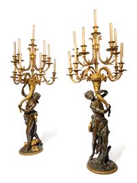 A Pair of Large Gilt and Patinated Bronze Figural Nine-Light Candelabra after the Models by Clodion