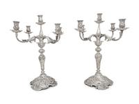 A Pair of Tiffany and Co. Silver Five-Light Candelabra