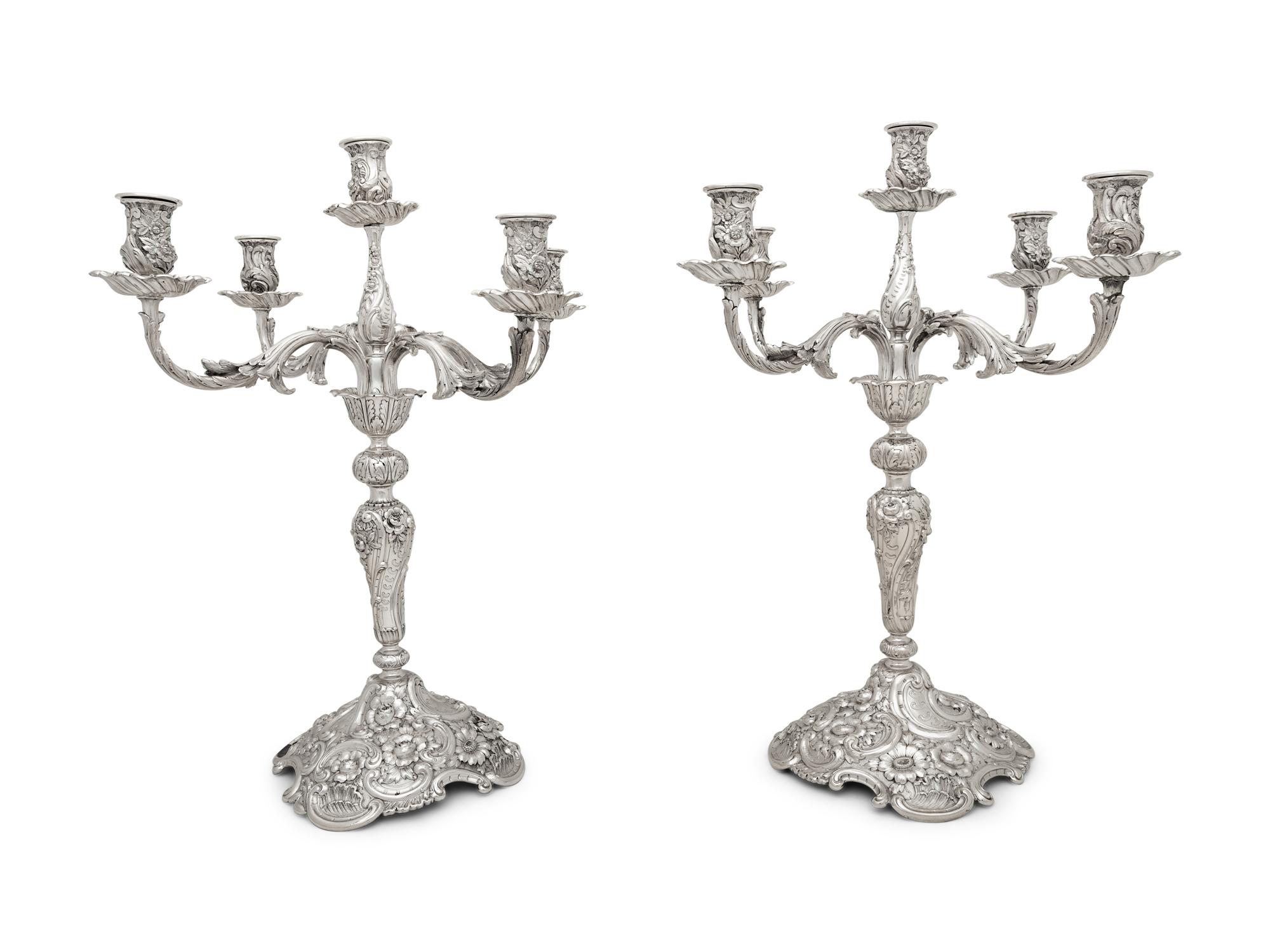 A Pair of Tiffany and Co. Silver Five-Light Candelabra