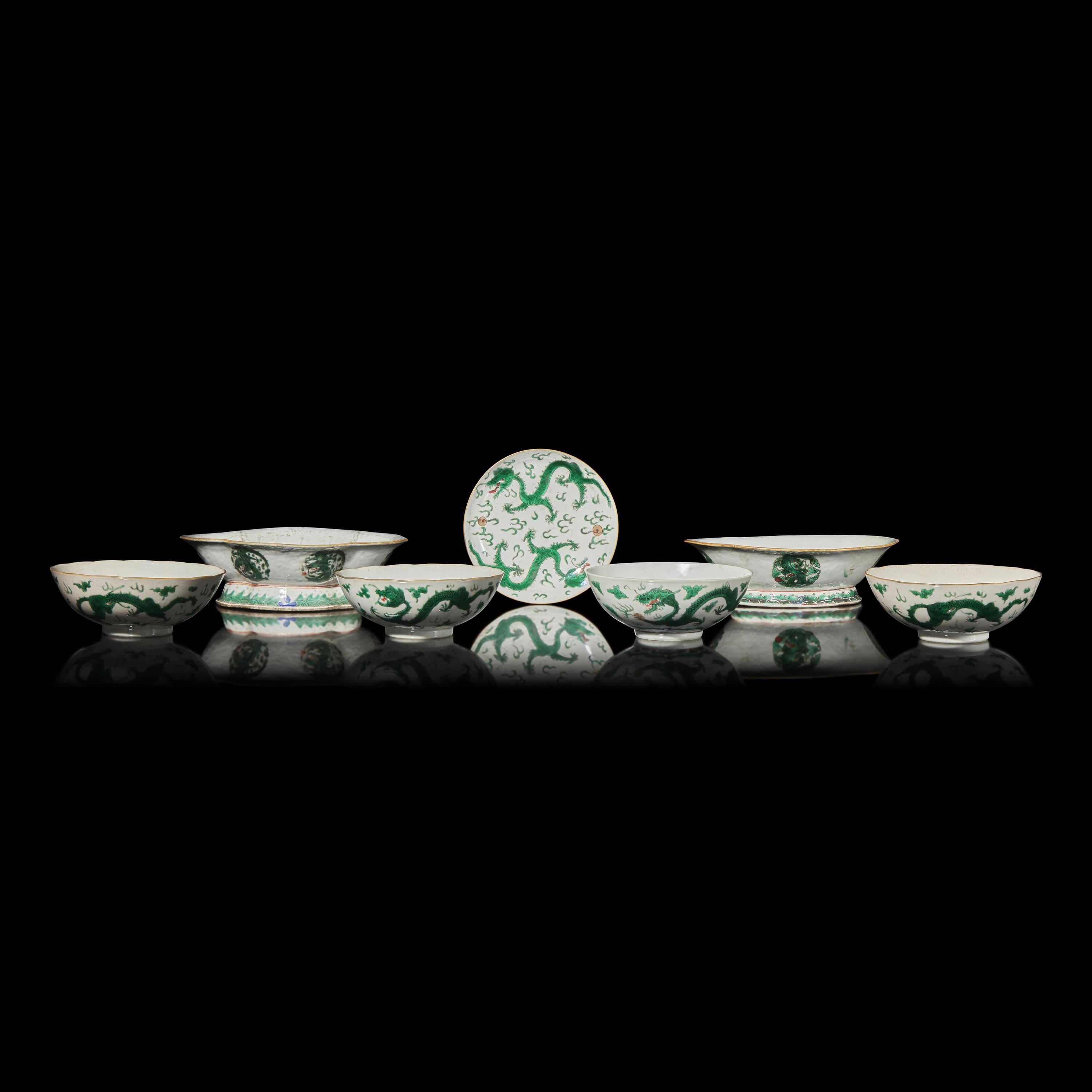 Seven Chinese Green Enameled Porcelain 'Dragon' Wares 綠彩龍紋瓷一組七件
