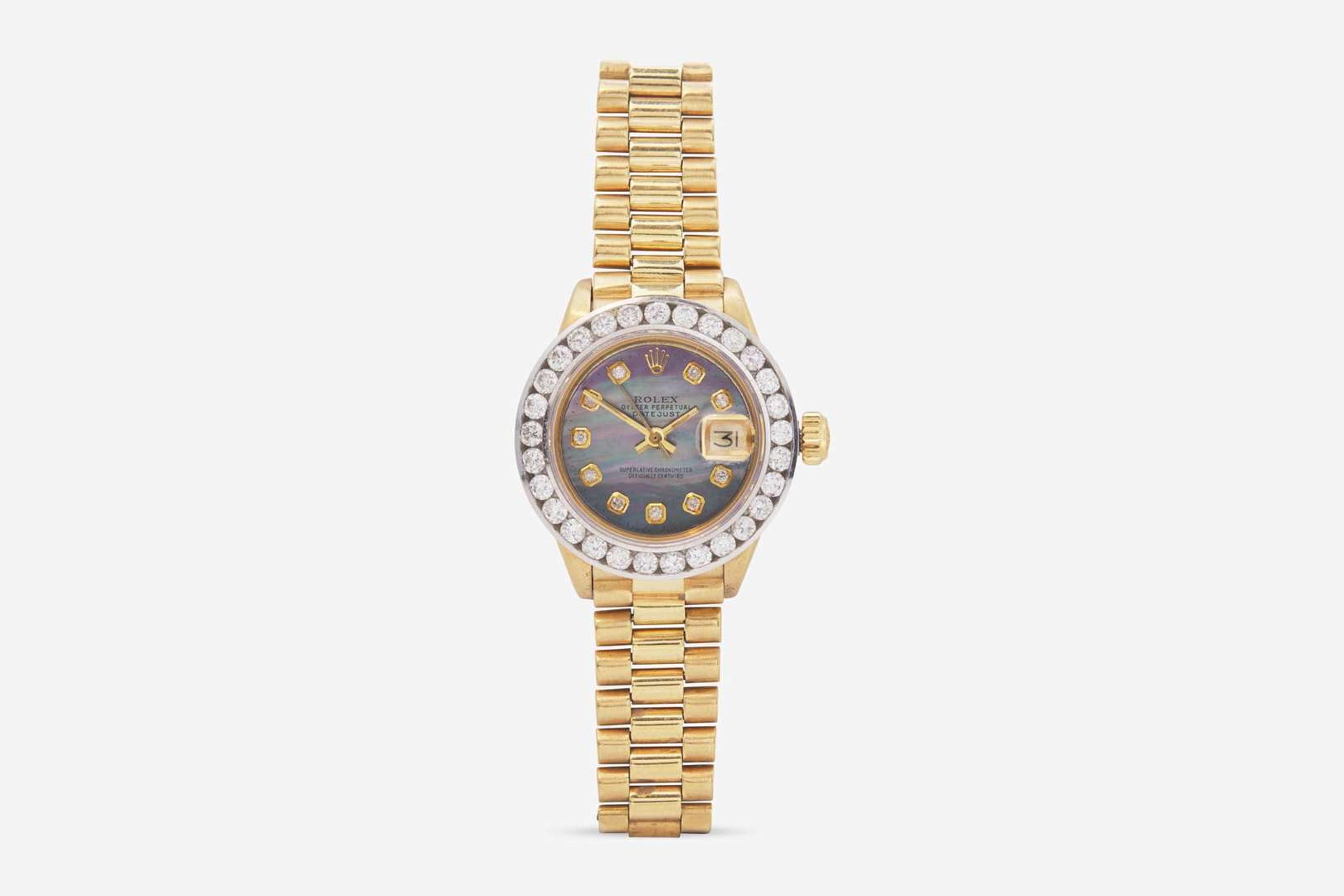 A Ladies 18K Yellow Gold, Mother-of Pearl, and Diamond Presidential Rolex