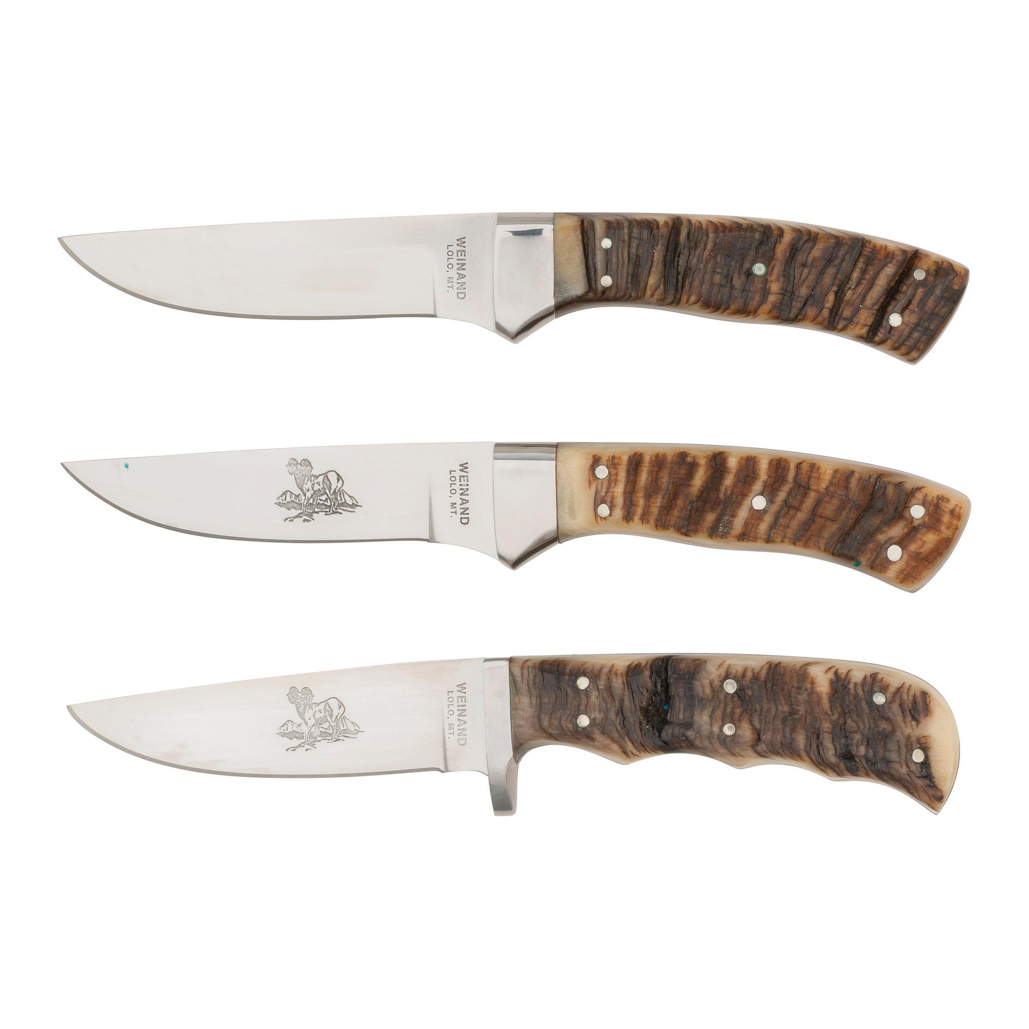 Lot of Three Gerome Weinand Sheep Horn Handle Knives Incl: Desert Bighorn, Stone Sheep, and Mongolian Argali