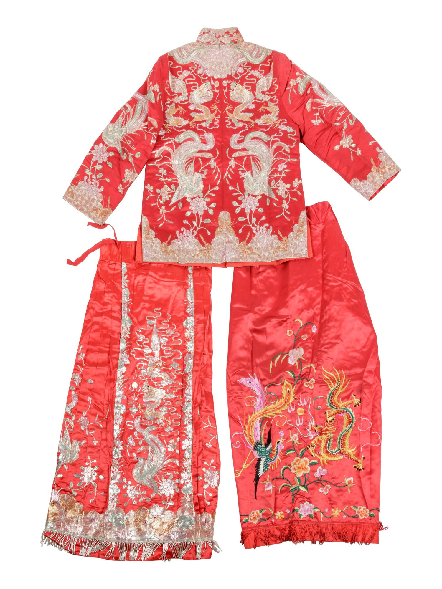 A Chinese Embroidered Silk Wedding Gown and Skirt