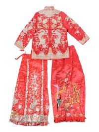 A Chinese Embroidered Silk Wedding Gown and Skirt