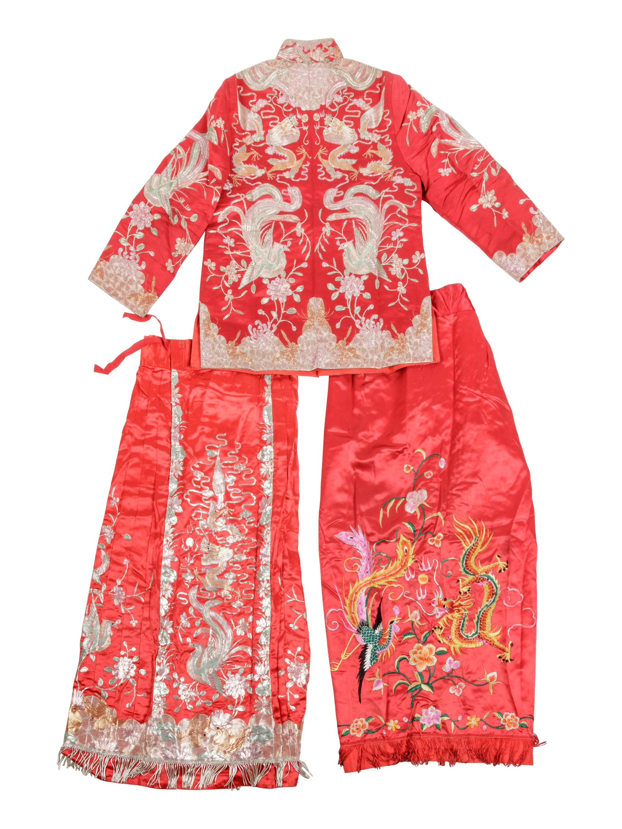 A Chinese Embroidered Silk Wedding Gown and Skirt