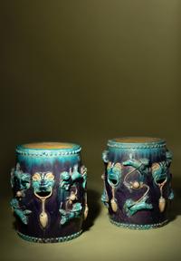 A Pair of Unusual Fahua Barrel-Form Garden Seats