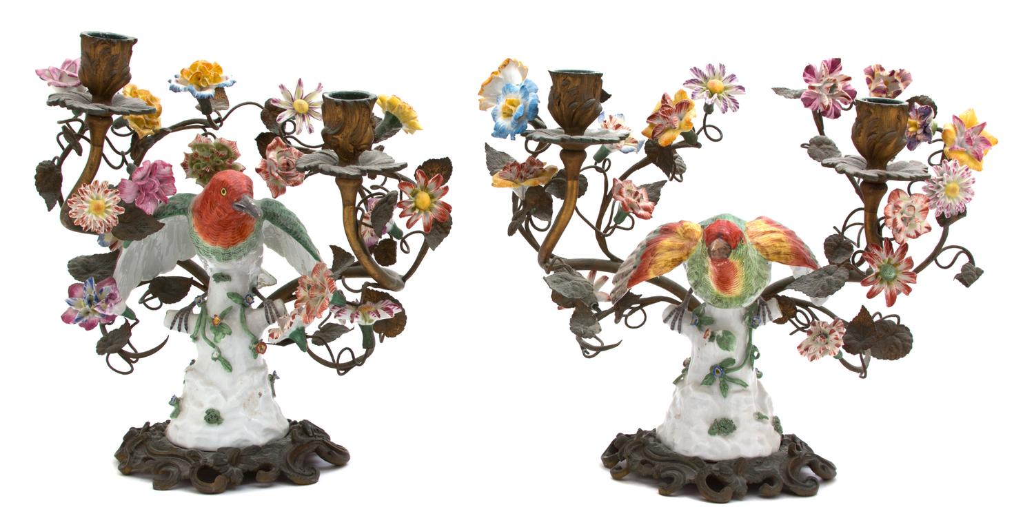 A Pair of Meissen Style Porcelain Mounted Bronze Two-Light Candelabrum Height 11 x width 13 x depth 8 inches. — 19TH CENTURY