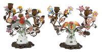 A Pair of Meissen Style Porcelain Mounted Bronze Two-Light Candelabrum Height 11 x width 13 x depth 8 inches. — 19TH CENTURY