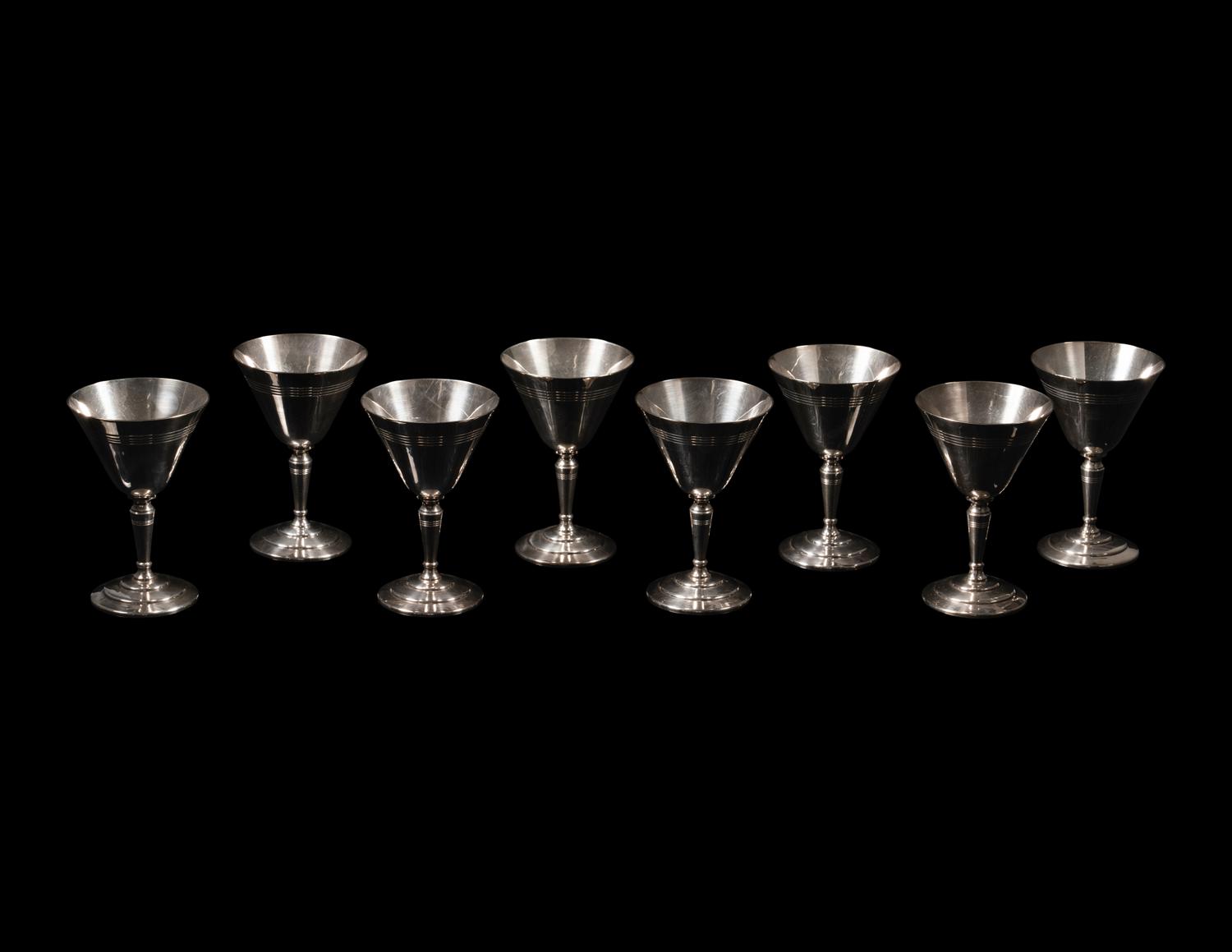 A Set of Eight Mappin and Webb Silver-Plate Art Deco Cocktail Glasses