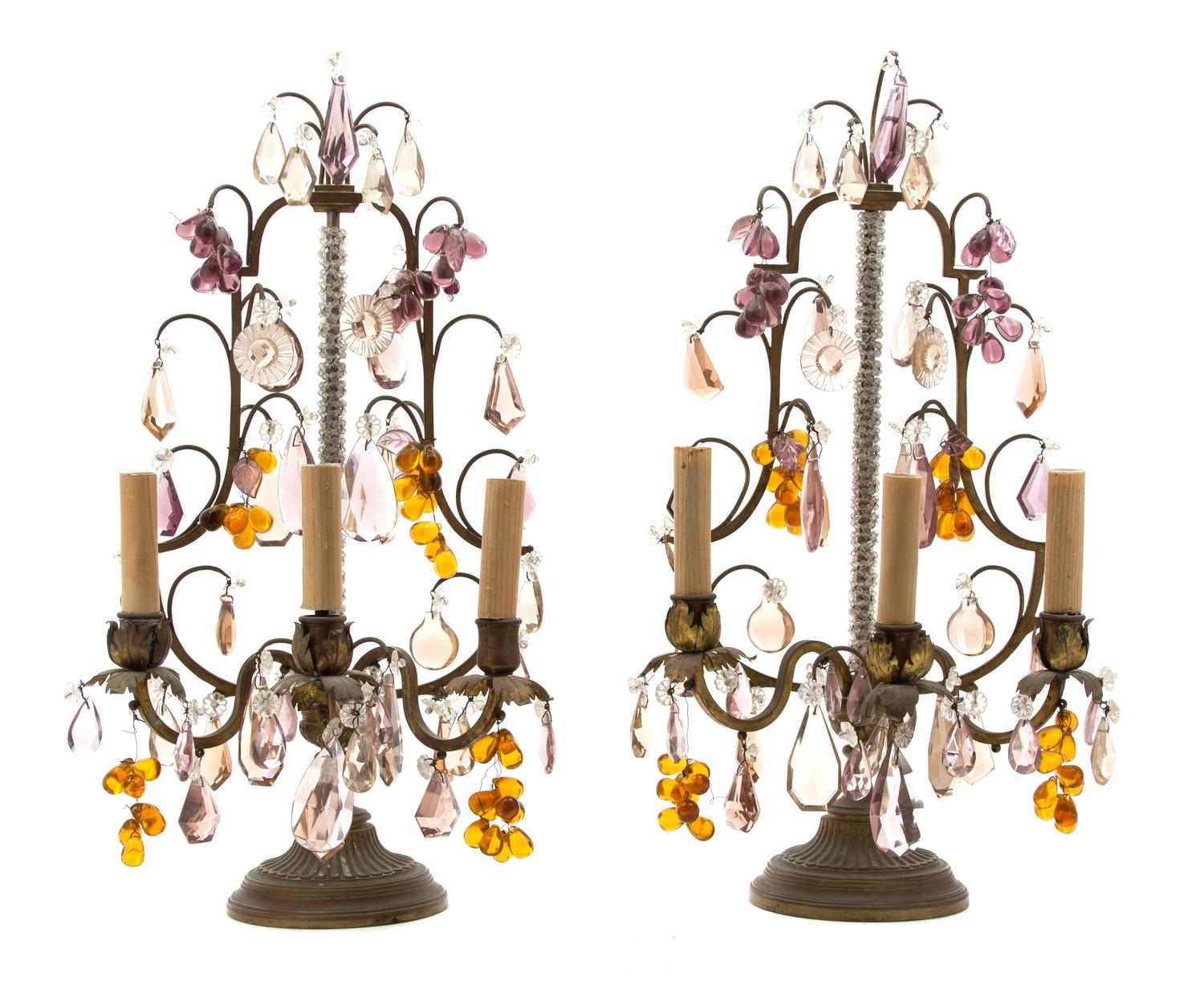 A Pair of French Gilt Metal and Glass Three-Light Girandoles Height 20 x width 11 x depth 8 inches. — 19TH CENTURY