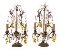 A Pair of French Gilt Metal and Glass Three-Light Girandoles Height 20 x width 11 x depth 8 inches. — 19TH CENTURY