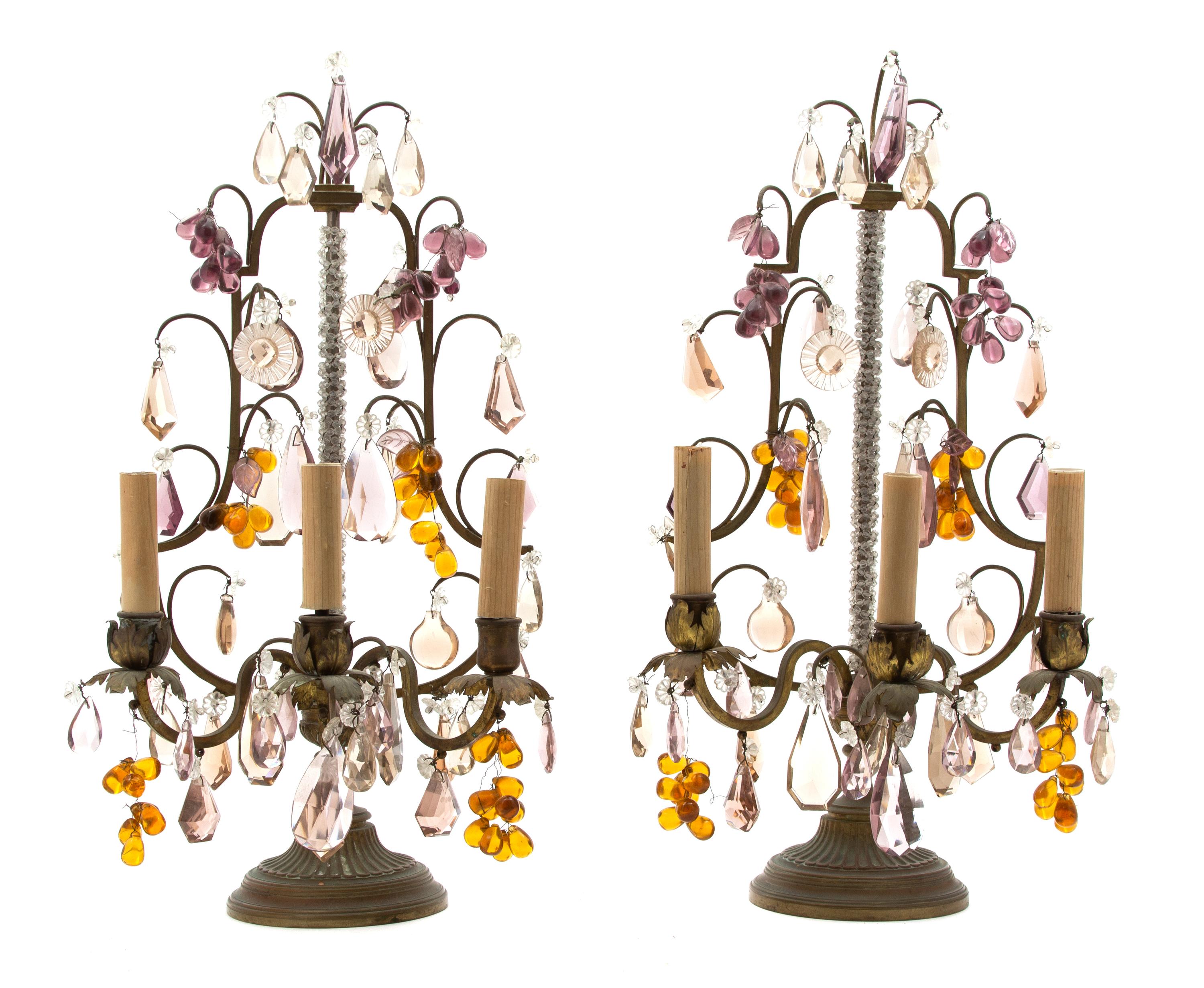 A Pair of French Gilt Metal and Glass Three-Light Girandoles Height 20 x width 11 x depth 8 inches. — 19TH CENTURY