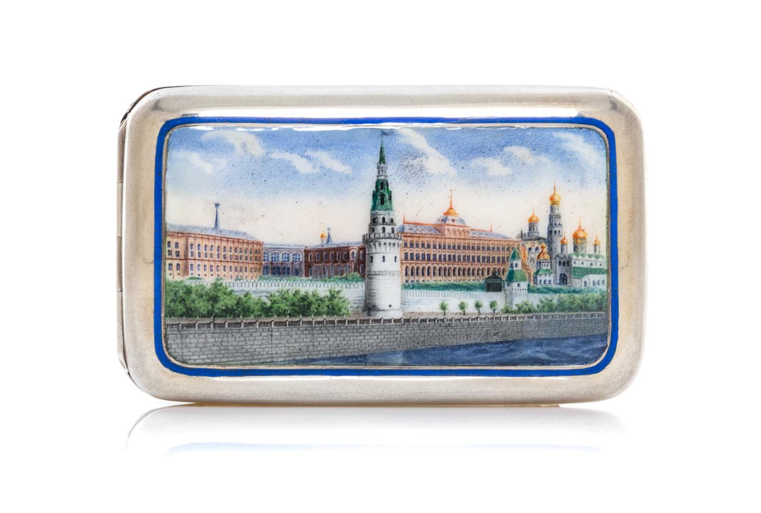 A Russian Enameled Silver Cigarette Case, Maker's mark GK, Moscow, late 19th century, the lid decorated with a painted scene of the Kre