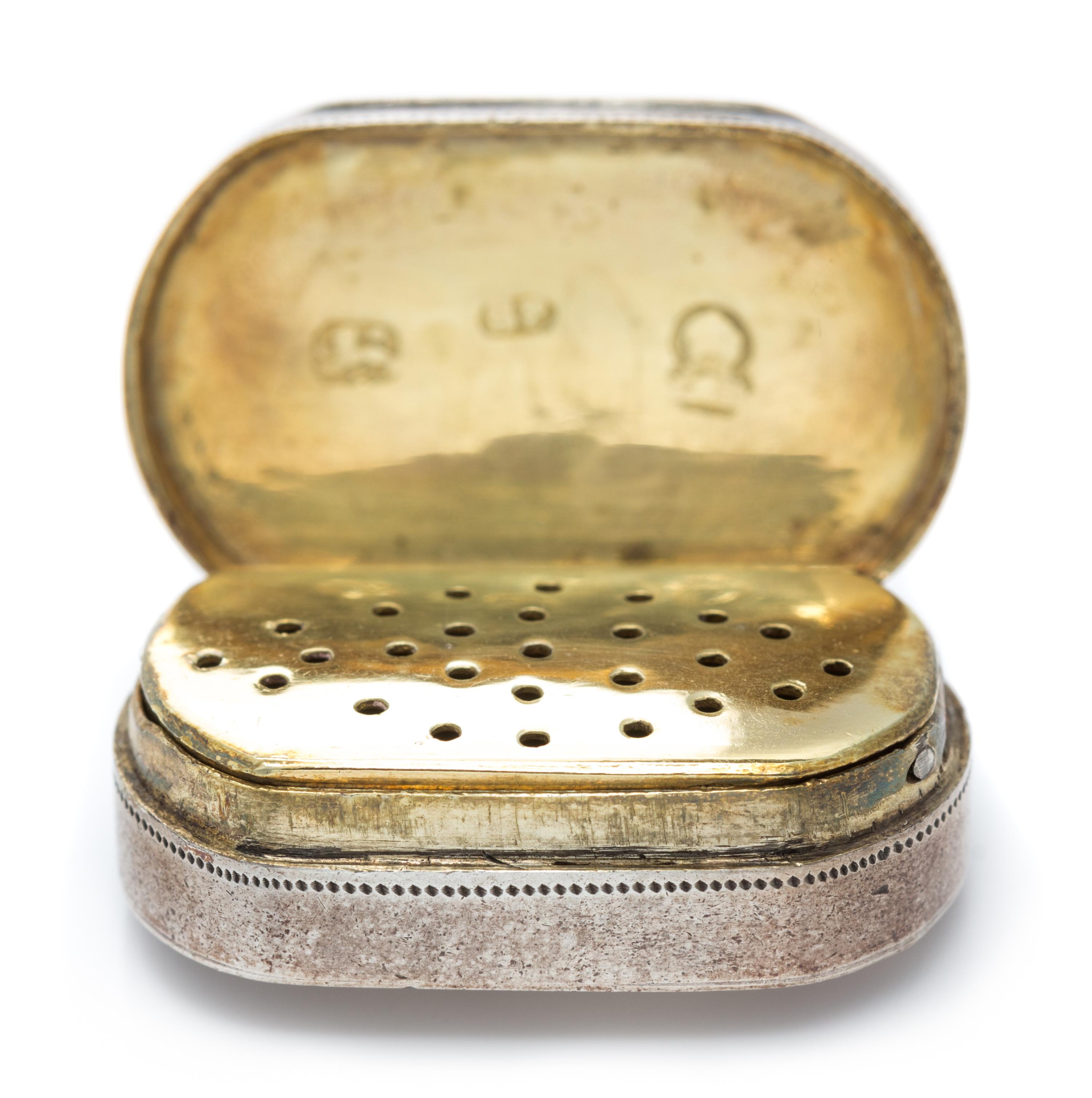 A George III Silver Vinaigrette, Samuel Pemberton, Birmingham, 1775, of oval form with a floral decorated border along lid.