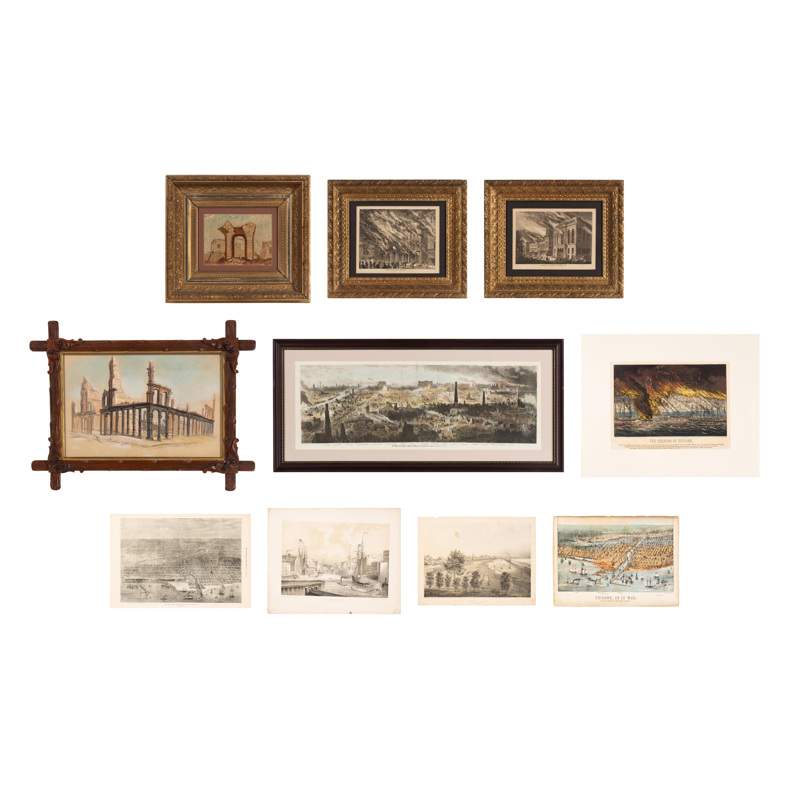 [Chicago Fire]. A group of 10 prints and 2 paintings, showing views of Chicago before and after the Great Fire, including: