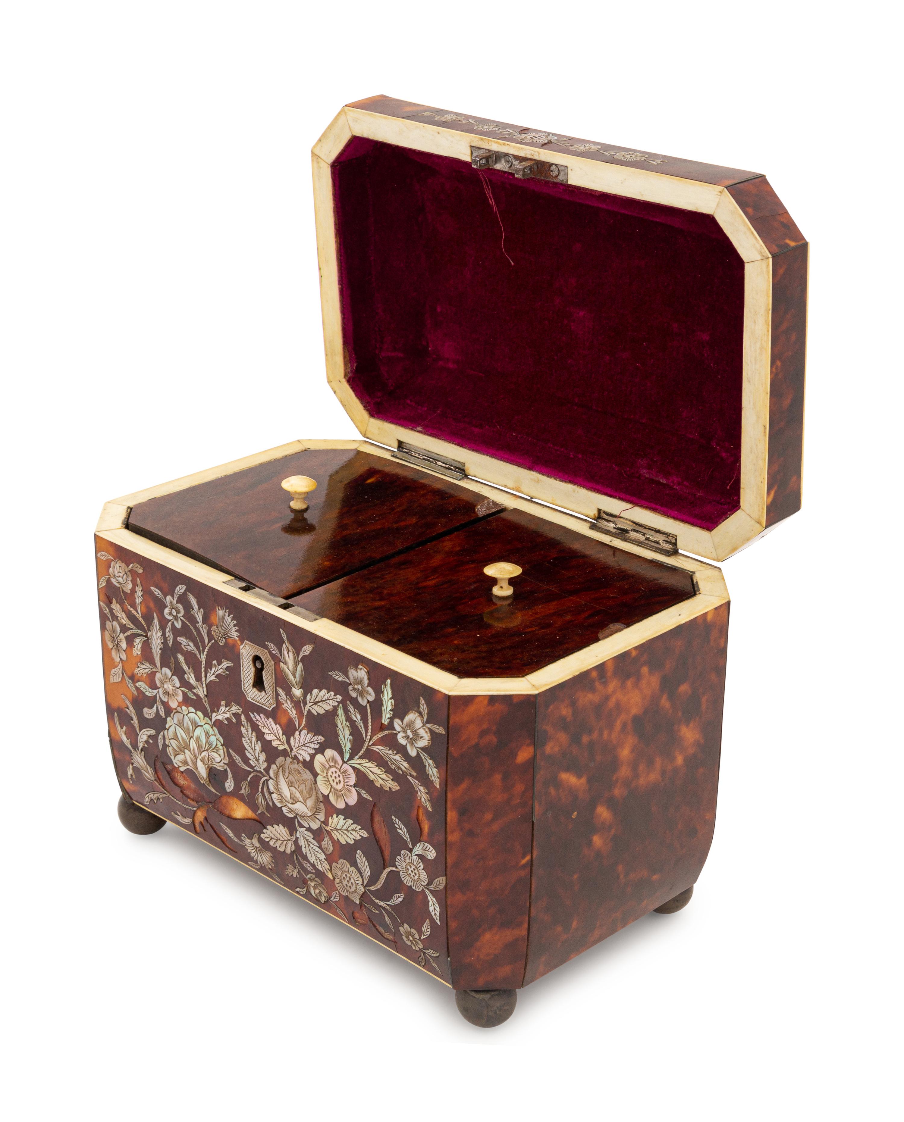 A Regency Mother-of-Pearl Inlaid Tortoiseshell Tea Caddy