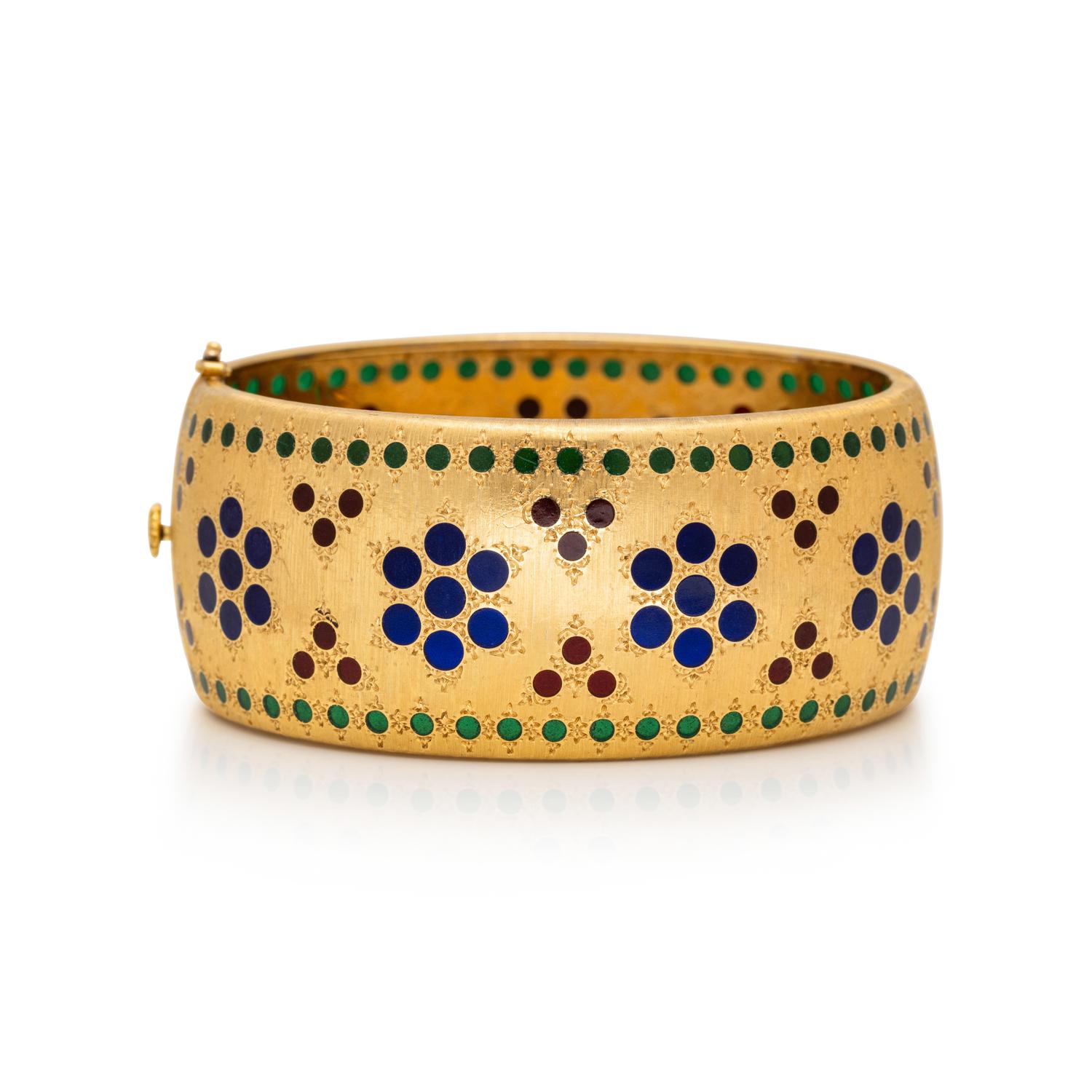 BUCCELLATI, YELLOW GOLD AND PLIQUE-À-JOUR ENAMEL BANGLE BRACELET