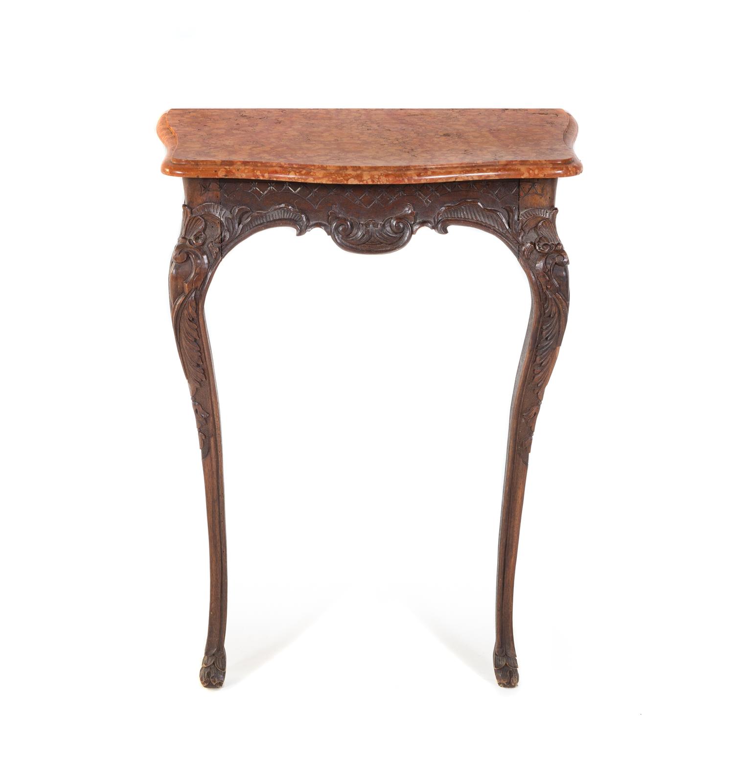 A Louis XV Style Carved Walnut Marble-Top Console Table