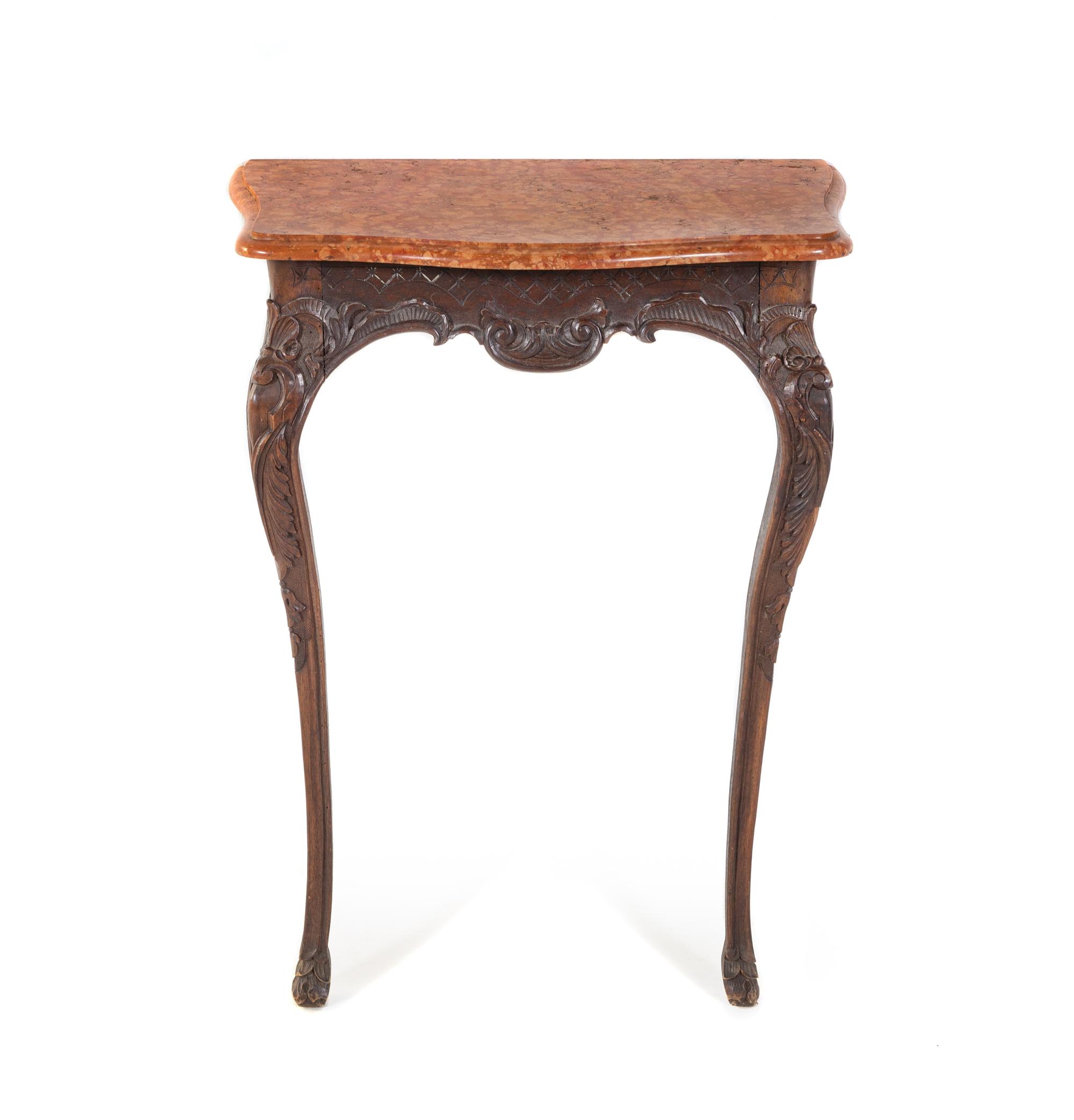 A Louis XV Style Carved Walnut Marble-Top Console Table