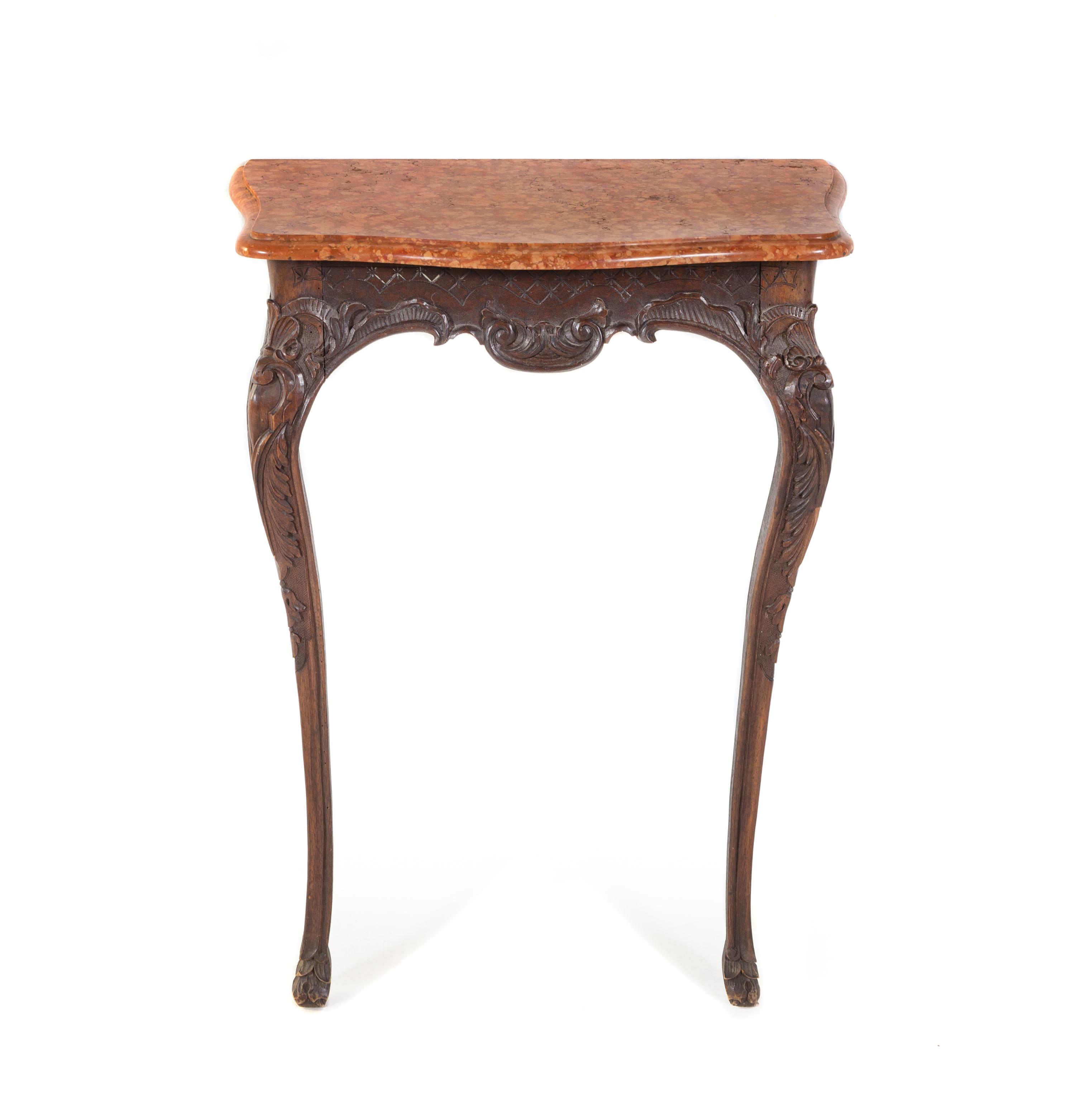 A Louis XV Style Carved Walnut Marble-Top Console Table