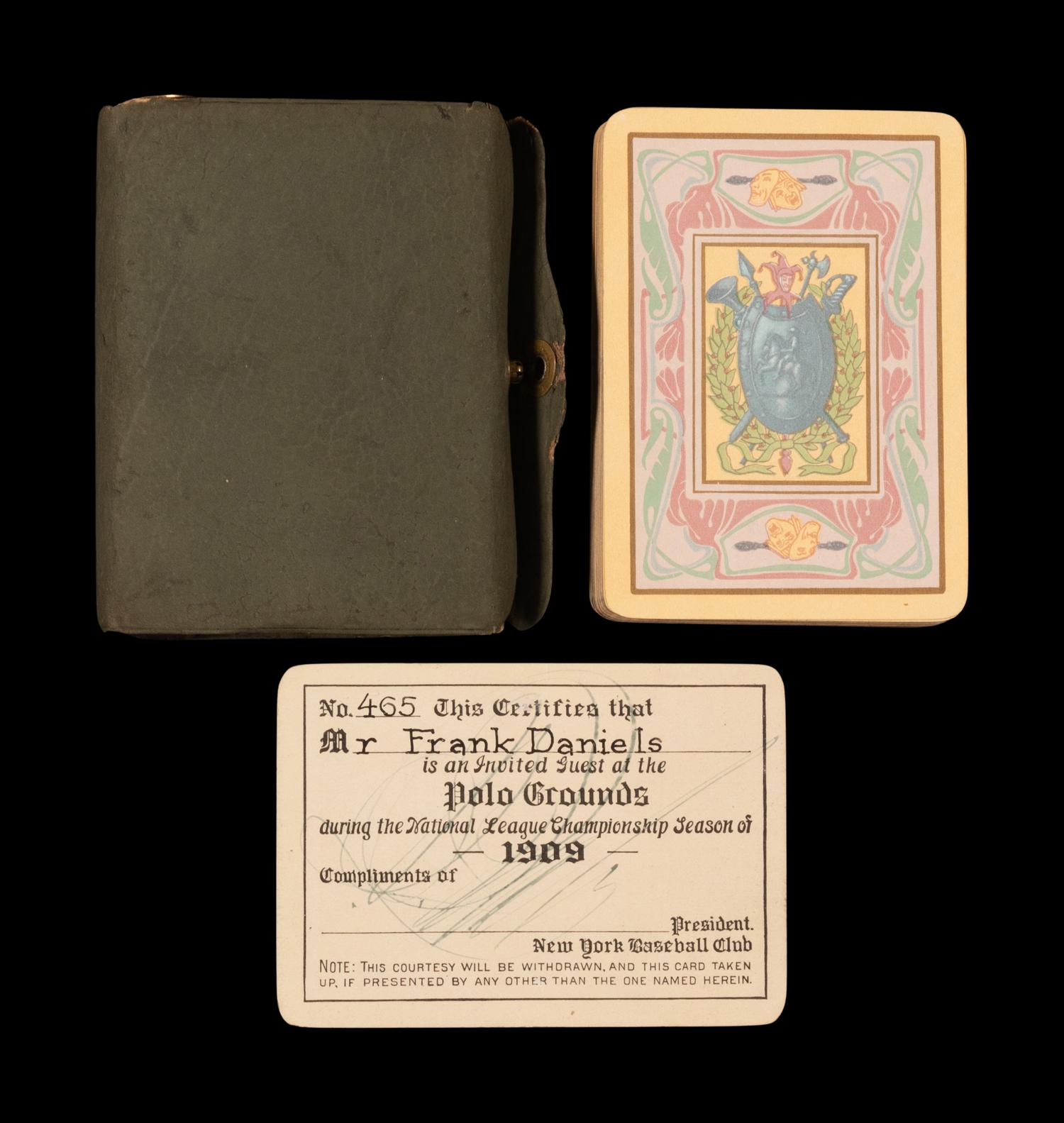 A Rare 1909 New York Giants Polo Grounds Season Pass Signed by John T. Brush and Playing Card Set Presented to Entertainer Frank Daniels