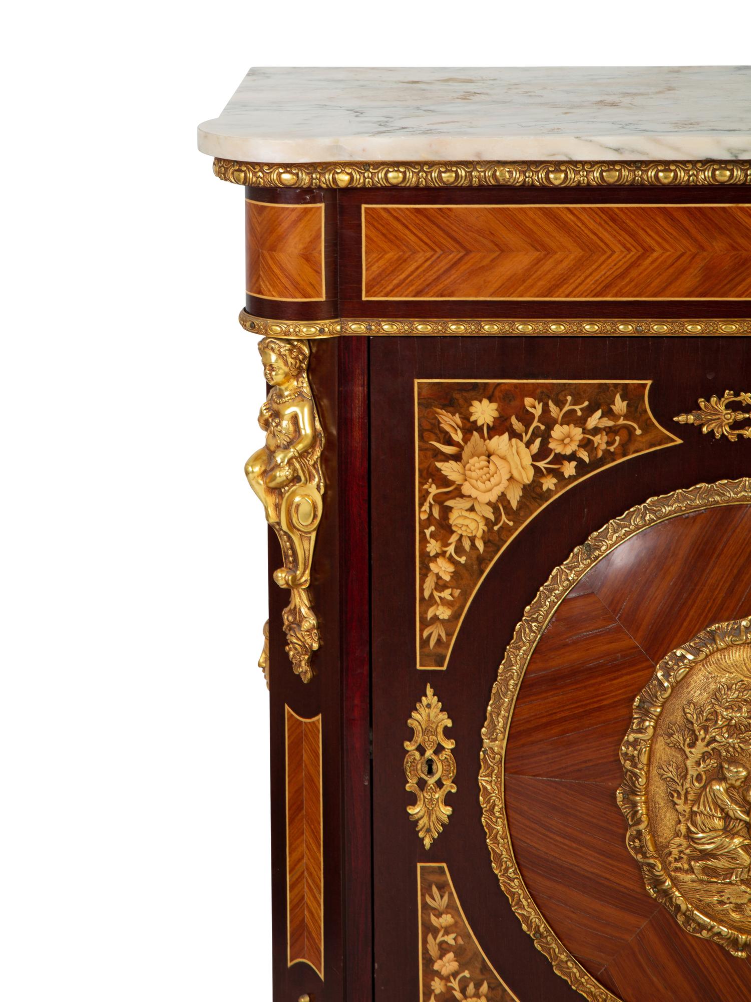 A Napoleon III Style Gilt Metal Mounted Marquetry Marble-Top Cabinet — 20TH CENTURY