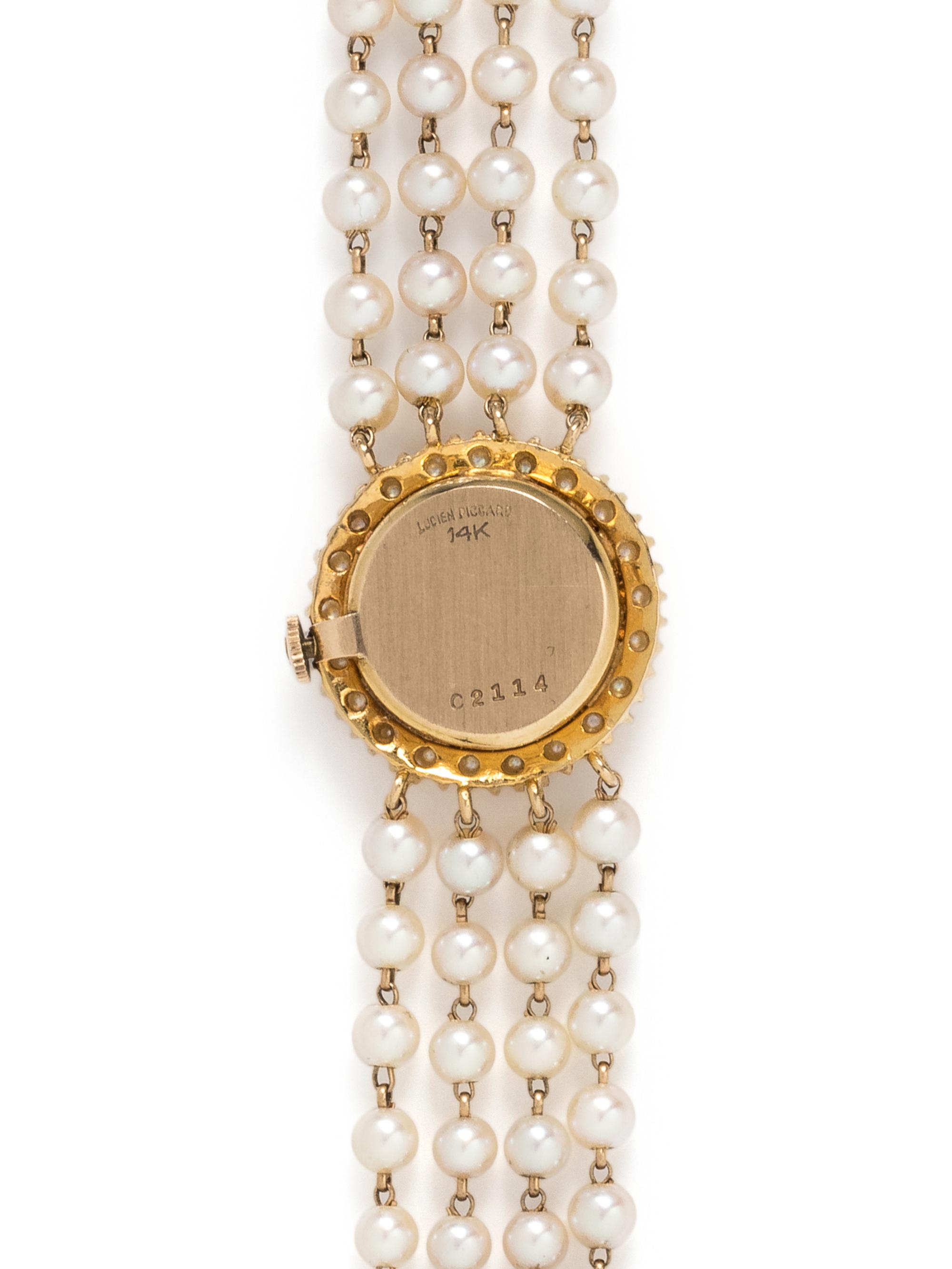 LUCIEN PICCARD, 14K YELLOW GOLD AND CULTURED PEARL WRISTWATCH