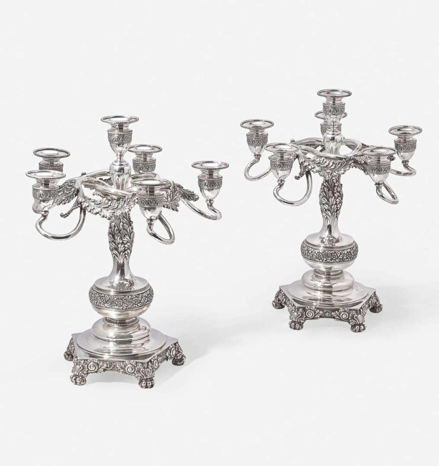 An American Pair of Sterling Silver Six-Light Candelabra Tiffany & Co., New York, 1891-1902