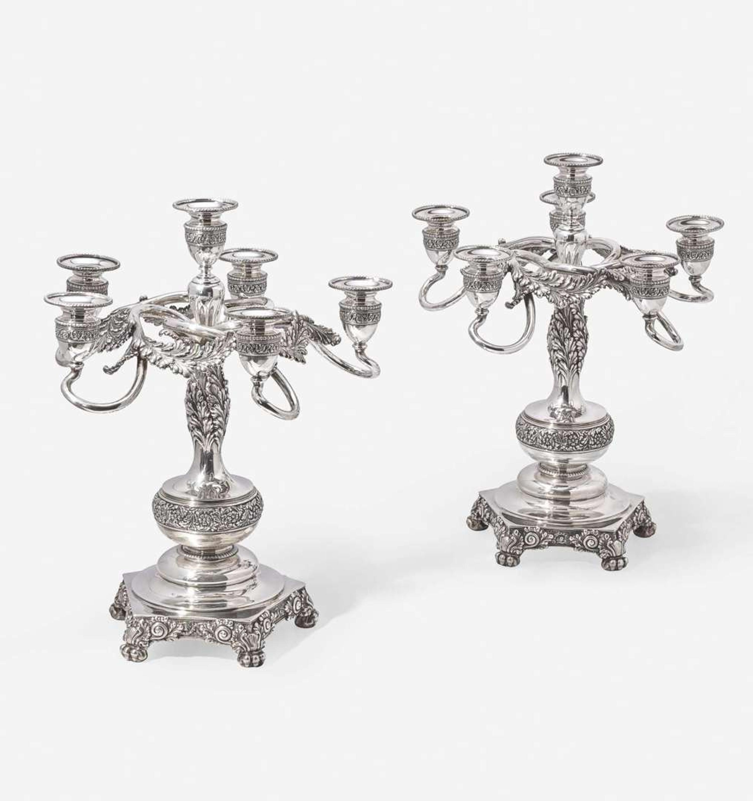An American Pair of Sterling Silver Six-Light Candelabra Tiffany & Co., New York, 1891-1902